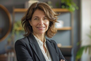Fototapeta premium Confident professional woman in power suit smiling indoors.