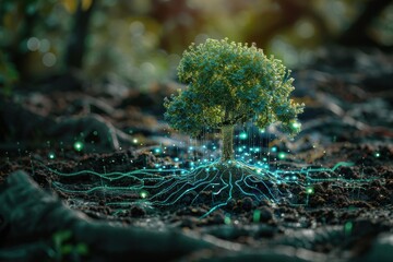 Tree with digital roots connected to the ground in a forest
