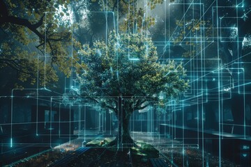 
Tree integrated with digital grid lines in a futuristic forest