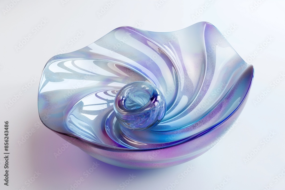 Poster 3d rendering of an iridescent glass spiral floating on a white background, with intricate details an
