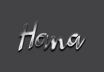 Chrome metal 3D name design of Hana on grey background.