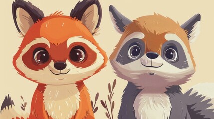 Fototapeta premium Cute fox and raccoon best friends. Adorable illustration of a friendly fox and raccoon, perfect for children's books, greeting cards, and nature-themed designs.