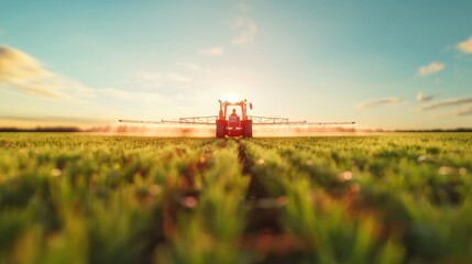 A lone tractor sprays a vast field under the golden glow of a setting sun.