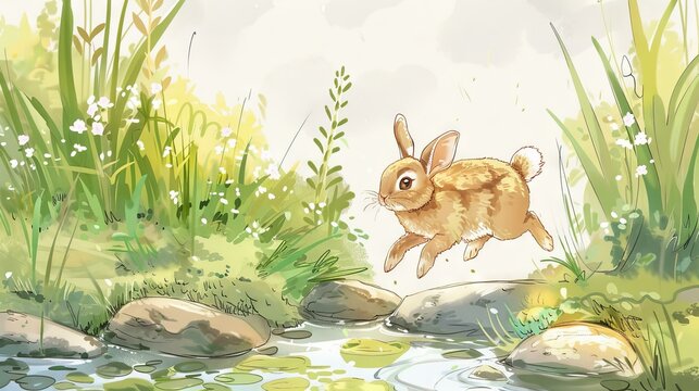 Cute bunny hopping near a stream. A charming bunny jumping near a stream surrounded by lush vegetation.
