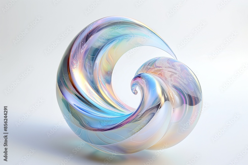 Poster 3d rendering of an iridescent glass spiral floating on a white background, with intricate details an