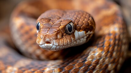 Obraz premium A brown house snake with intricate scale patterns and piercing eyes coiled and poised.