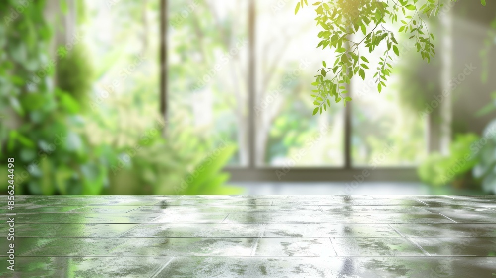 Poster empty stone table top with blurred green garden background. empty stone table top with blurred green