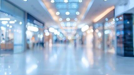 Abstract blurred shopping mall background. Defocused blue shopping mall interior, perfect for retail and consumerism concepts.