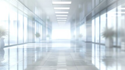 Bright empty office corridor background. Blurred bright light background of modern office interior hallway with shiny floor tiles and glass walls.