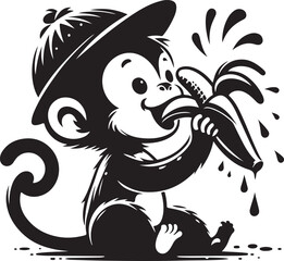 Vector illustration of The Funny monkey is eating a banana silhouette on white background
