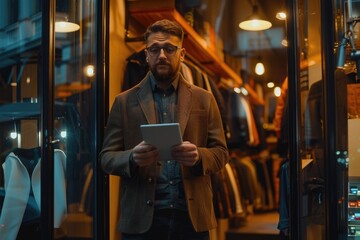 Fototapeta premium Owner of clothing store uses tablet for sales analysis and inventory.
