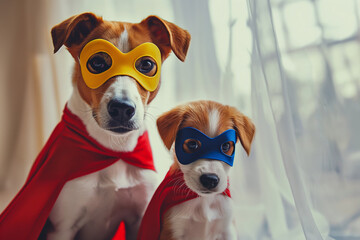 Dogs in super heroe costumes