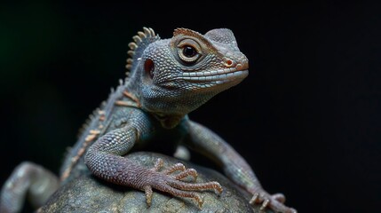 An exquisitely detailed tropical lizard perches alertly on a rock, its scaly skin reflecting subtle colors and textures.