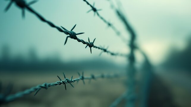 A somber scene of barbed wire extending into the distance under a bleak, foggy sky.