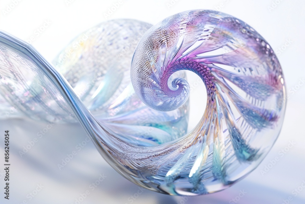 Poster 3d rendering of an iridescent glass spiral floating on a white background, with intricate details an