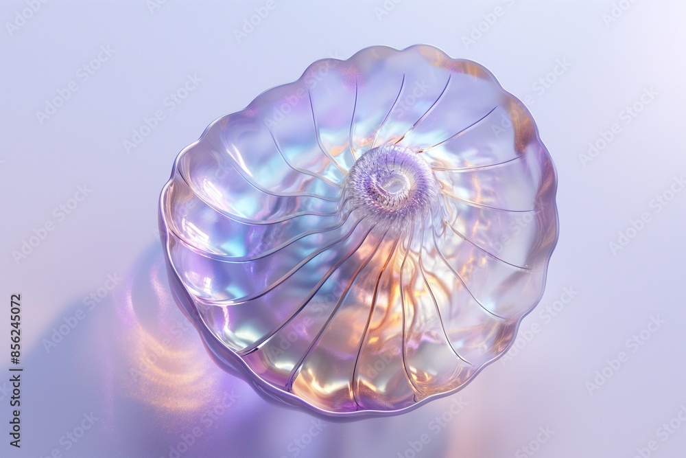 Poster 3d rendering of an iridescent glass spiral floating on a white background, with intricate details an