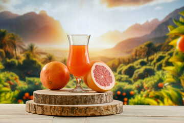Fresh fruit on wooden table top with exotic landscape of fruit gardens and plantations. Natural sunlight.