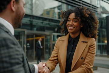 Smiling young black business woman shaking hands with a white business man