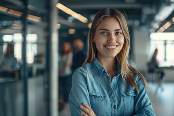 Fototapeta premium Confident woman in office with colleagues smiling at camera.