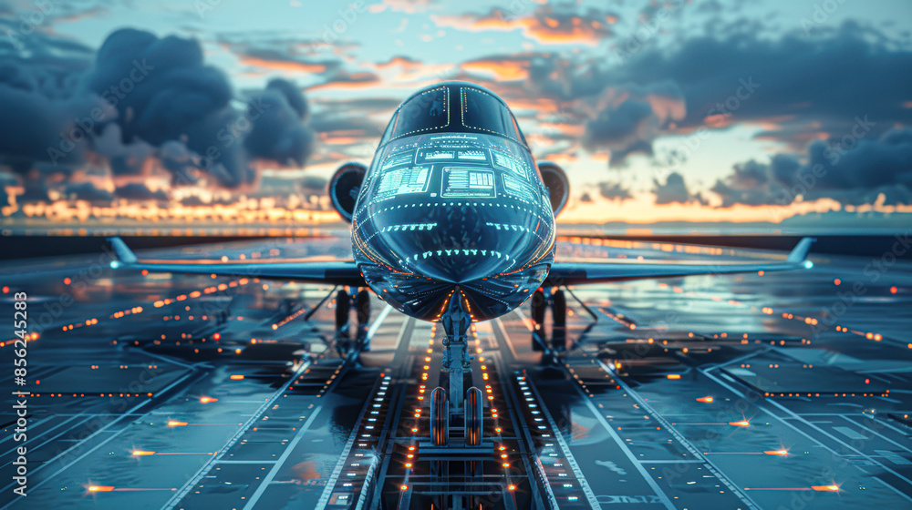 Sticker A jet plane is on the runway with a bright blue sky in the background