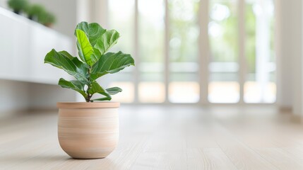 Fototapeta premium Potted fiddle leaf fig in an old clay pot, on the floor of a chic farmhouse dining room, white oak flooring and expansive windows creating a bright atmosphere