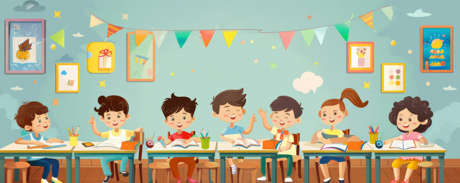 Children's Day background showcasing kids in a classroom, engaging in various activities like drawing and reading, with colorful posters and a detailed, cheerful classroom setting.