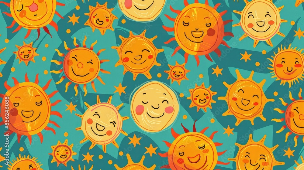 Poster an effortlessly charming design featuring a seamless pattern of smiling suns on a vibrant background