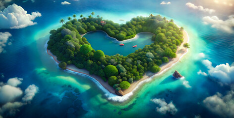 Aerial view of heart-shaped tropical island