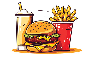 Fast food vector art illustration cartoon vector icon set. Pizza slice, taco, sandwich, roasted turkey, fried egg, french fries, paper cup, hamburger soft drinks generated ai
