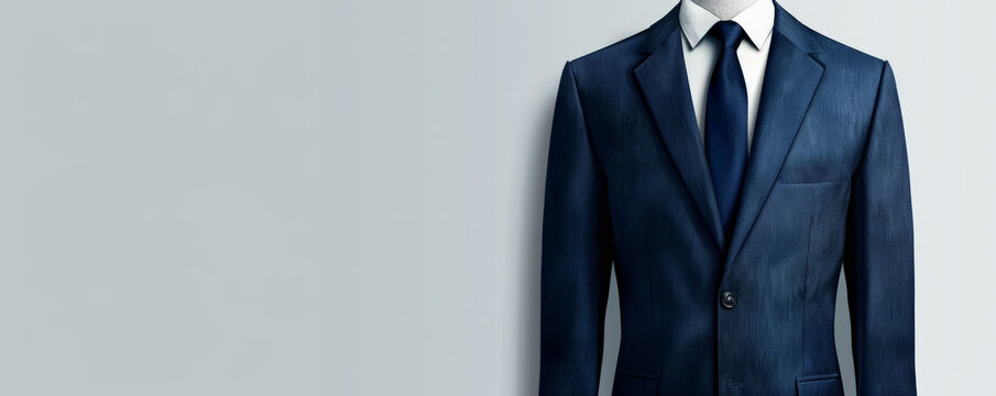 Father's Day background with a navy blue suit and tie on a light grey background.