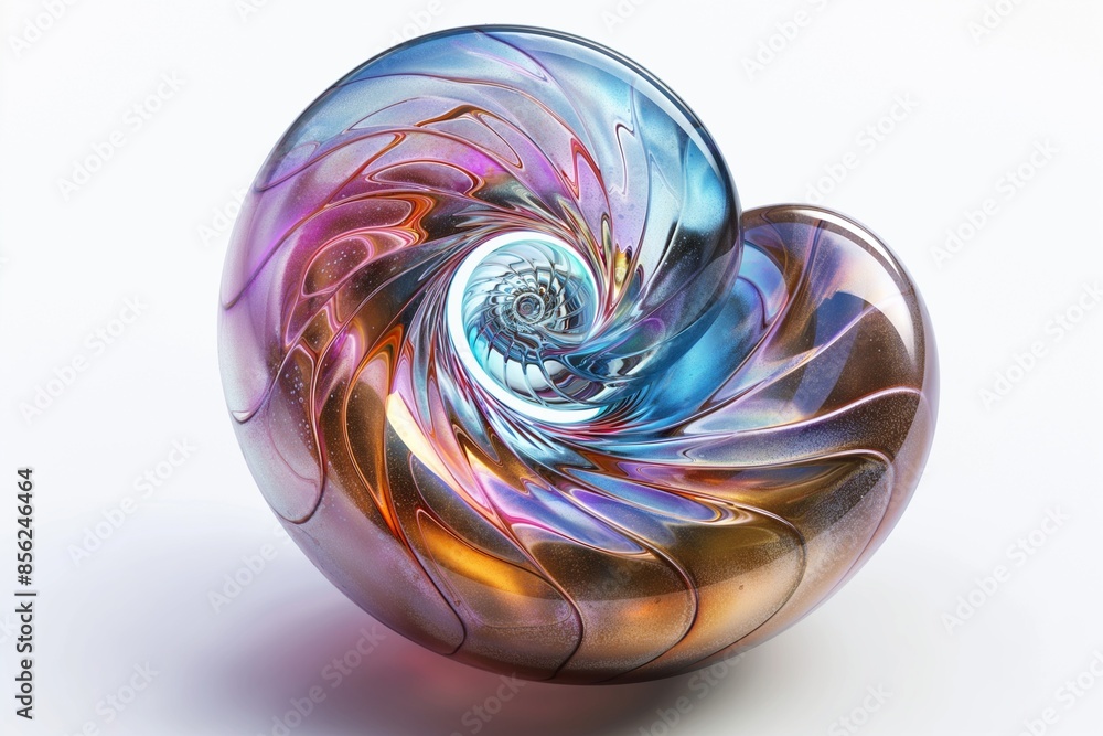 Poster 3d rendering of an iridescent glass spiral floating on a white background, with intricate details an
