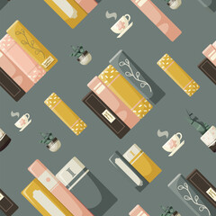 Books, teacups, and potted plants on a patterned grey background. Vector illustration