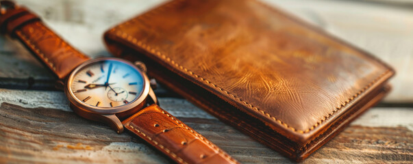 Father's Day background with a vintage style featuring a leather wallet and a wristwatch.