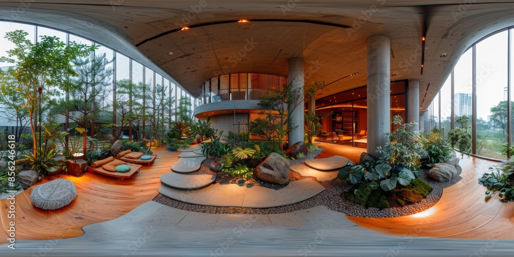 Poster an immersive 360-degree panorama of a green building showcase, where innovative architecture and ene