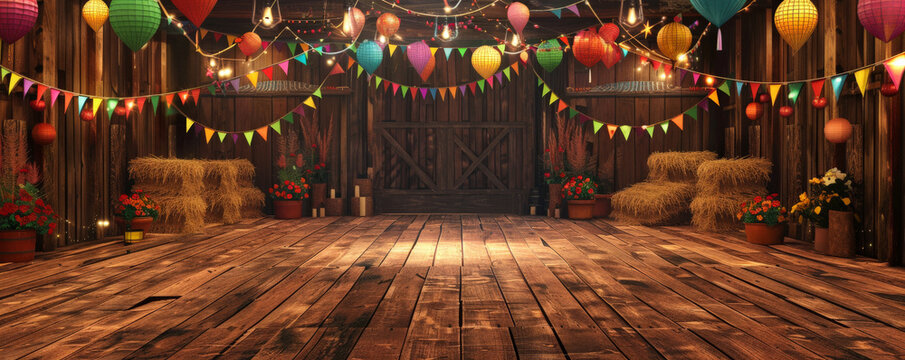 Festa Junina background featuring a rustic barn with colorful paper lanterns hanging from the ceiling, hay bales, and traditional Brazilian decorations, with a backdrop of a wooden dance floor and