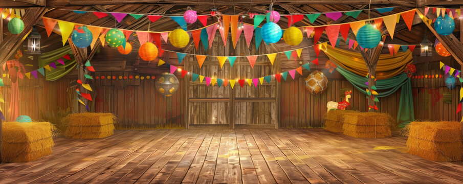 Festa Junina background featuring a rustic barn with colorful paper lanterns hanging from the ceiling, hay bales, and traditional Brazilian decorations, with a backdrop of a wooden dance floor and