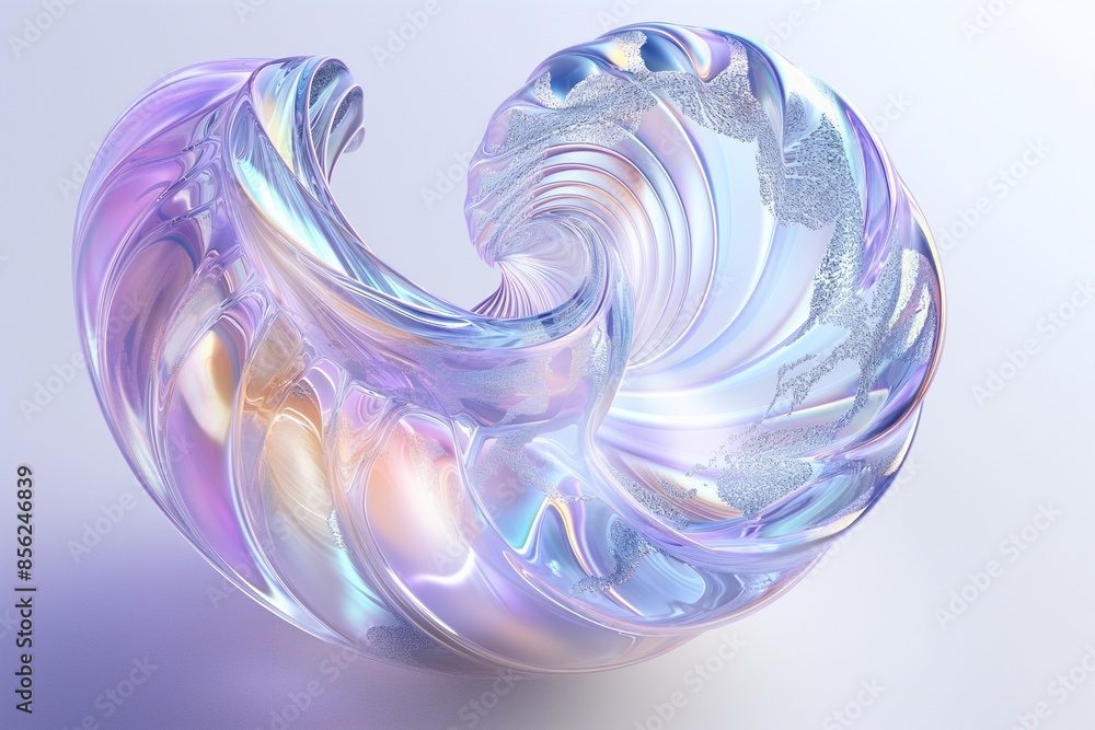 Poster 3d rendering of an iridescent glass spiral floating on a white background, with intricate details an