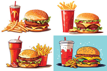 Fast food vector art illustration cartoon vector icon set. Pizza slice, taco, sandwich, roasted turkey, fried egg, french fries, paper cup, hamburger soft drinks generated ai