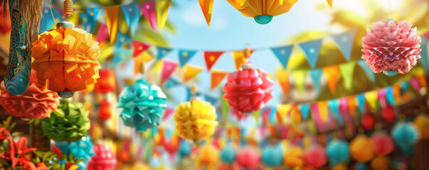 Festa Junina background with a close-up of traditional Brazilian decorations like paper lanterns, colorful banners, and straw decorations, set against a backdrop of a lively festival scene.
