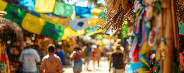 Festa Junina background with a close-up of traditional Brazilian food stalls, colorful flags, straw decorations, and a bustling market atmosphere filled with people and vibrant colors.