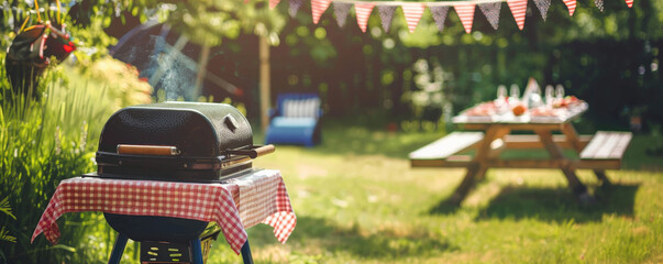 Independence Day USA background with a BBQ grill and American flag bunting in a backyard setting.