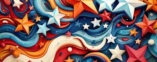 Obraz premium Independence Day USA background with a bold, colorful design featuring abstract stars and patriotic symbols.
