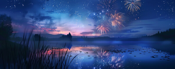 Independence Day USA background with a night scene of fireworks over a serene lake.