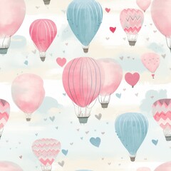 Charming pastel hot air balloons floating in a whimsical sky with clouds and trees. Ideal for nursery decor and print.