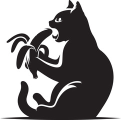 Vector illustration of The Funny Cat is eating a banana silhouette on white background