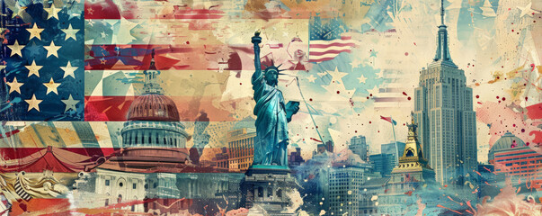 Independence Day USA background with a vintage-inspired collage of patriotic symbols and historic landmarks.