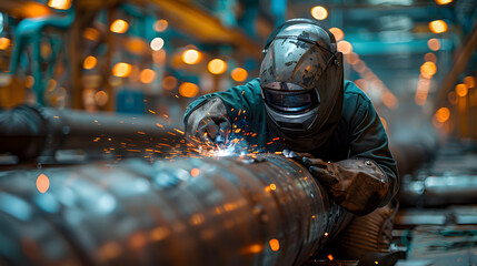 Workers wearing industrial uniforms and Welded Iron Mask at Steel welding plants, industrial safety first concept.
