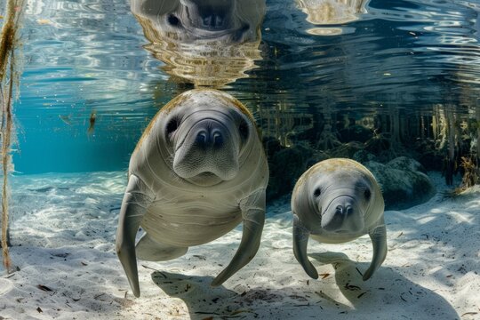 baby and juvenile manatees swim together in the freshwater spring in Florida. Front view of both manatees