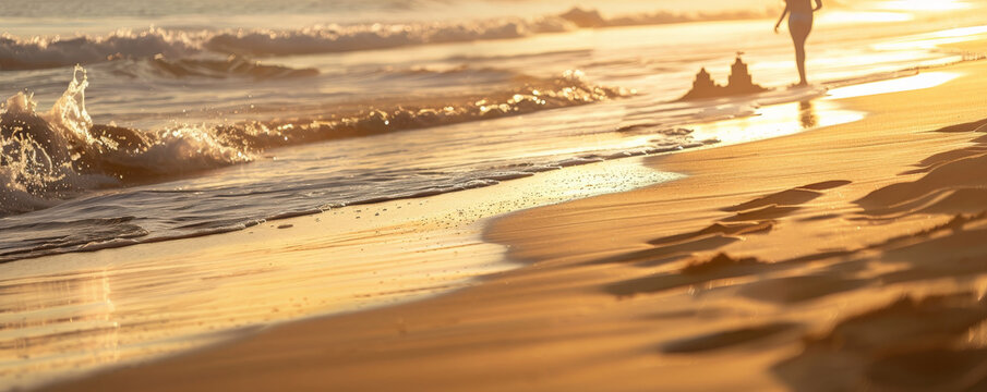 International Friendship Day background featuring a serene beach scene with friends building sandcastles, the sunset casting a golden glow over the water and sand. - Powered by Adobe