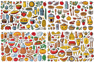 Fast food vector art illustration cartoon vector icon set. Pizza slice, taco, sandwich, roasted turkey, fried egg, french fries, paper cup, hamburger soft drinks generated ai